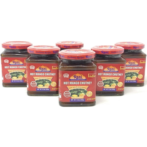 Rani Hot Mango Chutney (Spicy Indian Preserve) 12.5oz (350g) Glass Jar, Ready to eat, Vegan, Pack of 5 1 FREE ~ Gluten Free, All Natural, NON-GMO