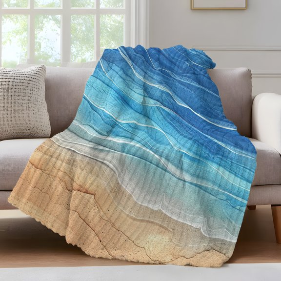 Blue Ombre Coastal Fleece Throw Blanket for Couch, Summer Nautical Beach Ocean Seaside Microfiber Flannel Blanket for All Season, Lightweight Soft Throw Blankets for Gifts, Home Decor, 32"x47"