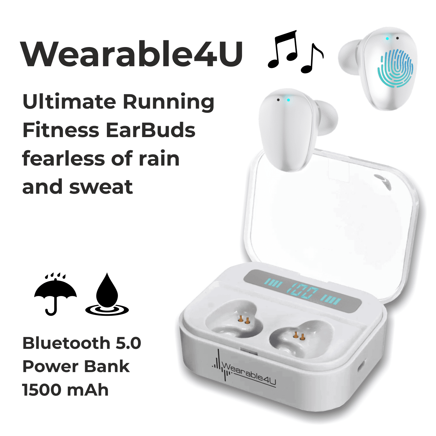 Wearable4U White Wireless Ear Buds Bluetooth EarBuds with Charging Case Power Bank 1500 mAh Case