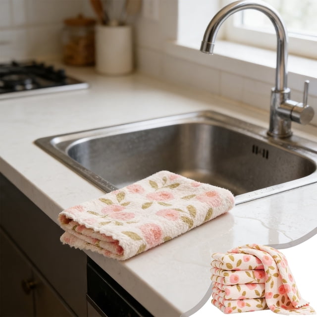 weibbin Superfine Fiber Kitchen Cleaning Cloth Floral Pattern Absorbent Non Shedding for Dishes 4PCS