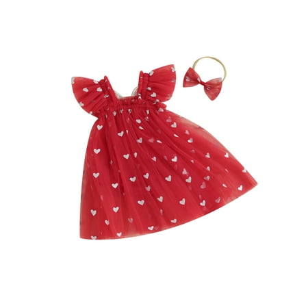 

Biekopu Infant Baby Girl Valentine s Day Jumpsuit with Bow Headband Fly Sleeve Heart Print Tulle Mesh Dress Romper Set