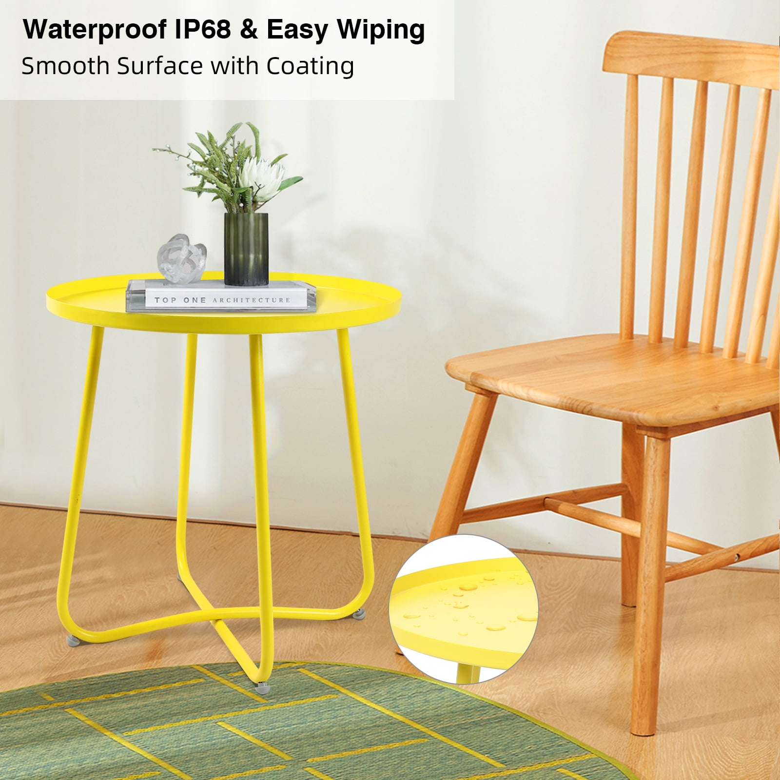 Ztysn Round Metal Side Table,Rust Resistant 17.7'' Outdoor End Table with Adjustable Footpads,X-Shaped Patio Plant Stand for Balcony Garden Living Room,Yellow