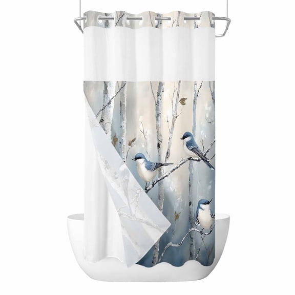 Vintage Oil Painting Forest No Hook Shower Curtain Waterproof, Bathroom Curtains with Snap in Liners and See Through Top Window, Vintage Birds Branches Hotel Style Bathtub Curtains Shower 54"Wx78"L