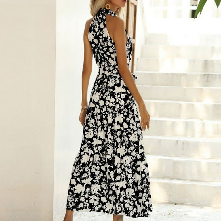 Boho Halter Floral Print Off Shoulder With Belt Casual Maxi Dresses Boho Halter Floral Print Off Shoulder With Belt Casual Maxi Dresses
