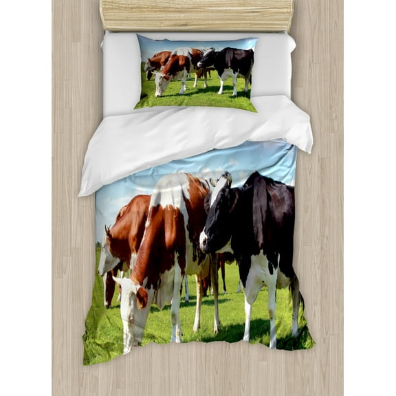 Cattle Twin Size Duvet Cover Set, Various Colored Herd of Cows Grazing on Pasture Nature Themed Digital Image Print, Decorative 2 Piece Bedding Set with 1 Pillow Sham, Multicolor, by Ambesonne