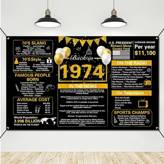 3x5 FT 51th Birthday Decorations for 1974, Black and Gold Back in 1974 Birthday Backdrop Banner , 51 Years Old Birthday Party Supplies for Men or Women