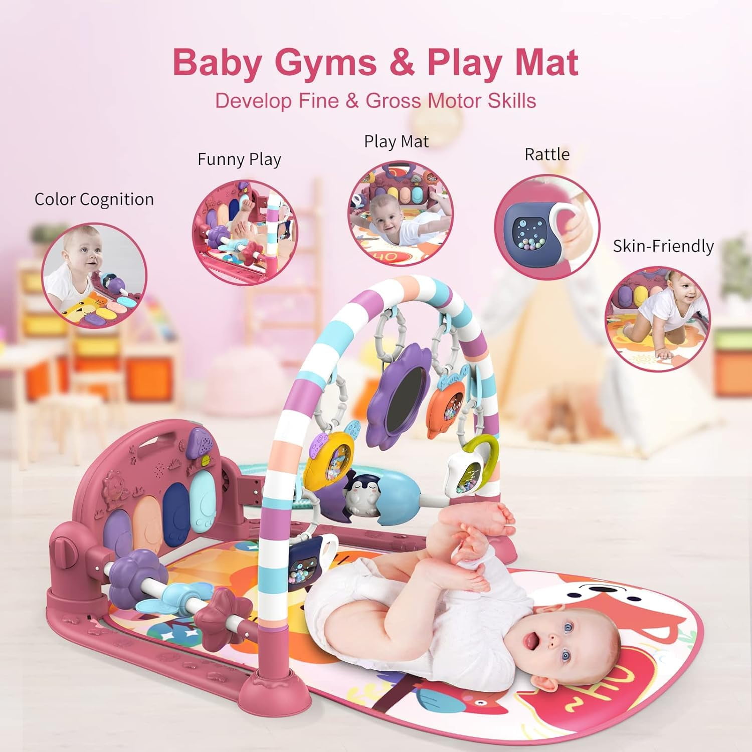 Baby Play Mat Baby Gym,Funny Play Piano Tummy Time Baby Activity Mat with 5 Infant Sensory Baby Toys & 4 Wrist Rattle Socks, Boy & Girl Gifts for Newborn Baby 0 to 3 6 9 12 Months(Pink)