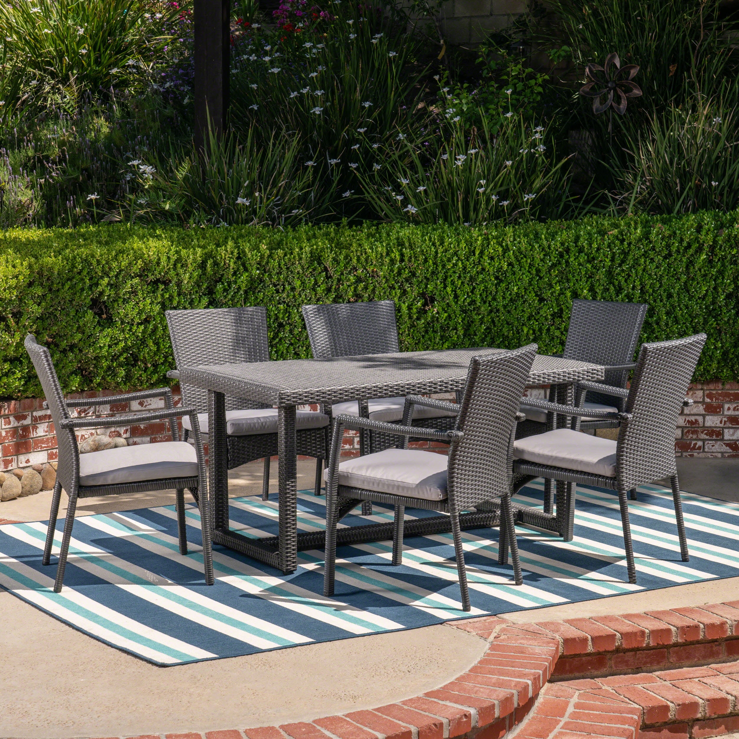 Giovanni Outdoor 7 Piece Wicker Dining Set with Cushions, Grey