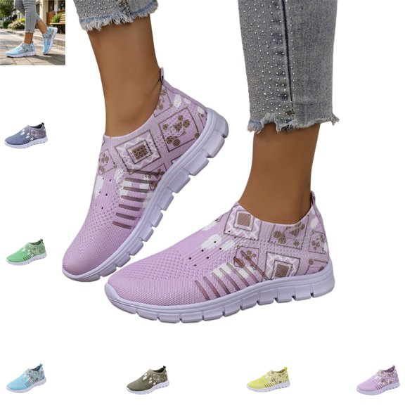 YOUYEDIAN Sneakers for Women Versatile Print Comfy Slip On Casual Round Toe Soft Mesh Flat Sneakers Fashion Platform Breathable Walking Shoes