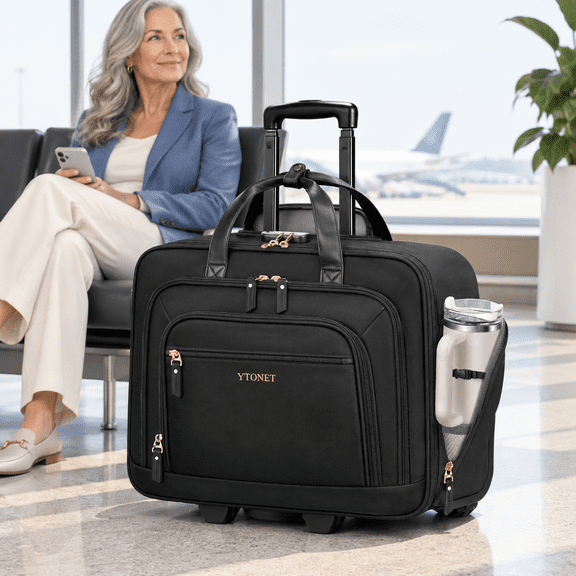 Black 17.3 Inch Rolling Laptop Briefcase With Cup Holder For Work Travel