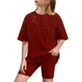 thumbnail image 2 of Lovzfmll 2-Piece Sparkle Yoga Set, Short Sleeve Glitter Top & Shorts for Boys & Girls, Casual Outfits for Kids 5-6 Years, 2 of 9
