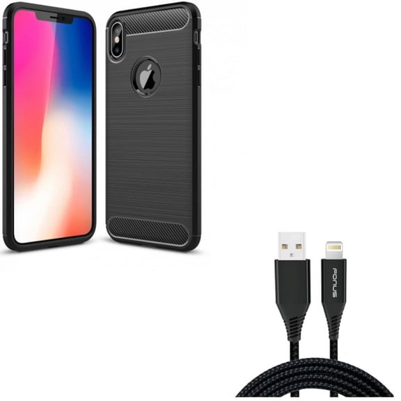 Charger Cord 10ft USB Cable w Carbon Fiber Case for iPhone XS Max - Power Wire Braided Long Sync and Slim Fit Cover Reinforced Bumper Shock Absorbent Black