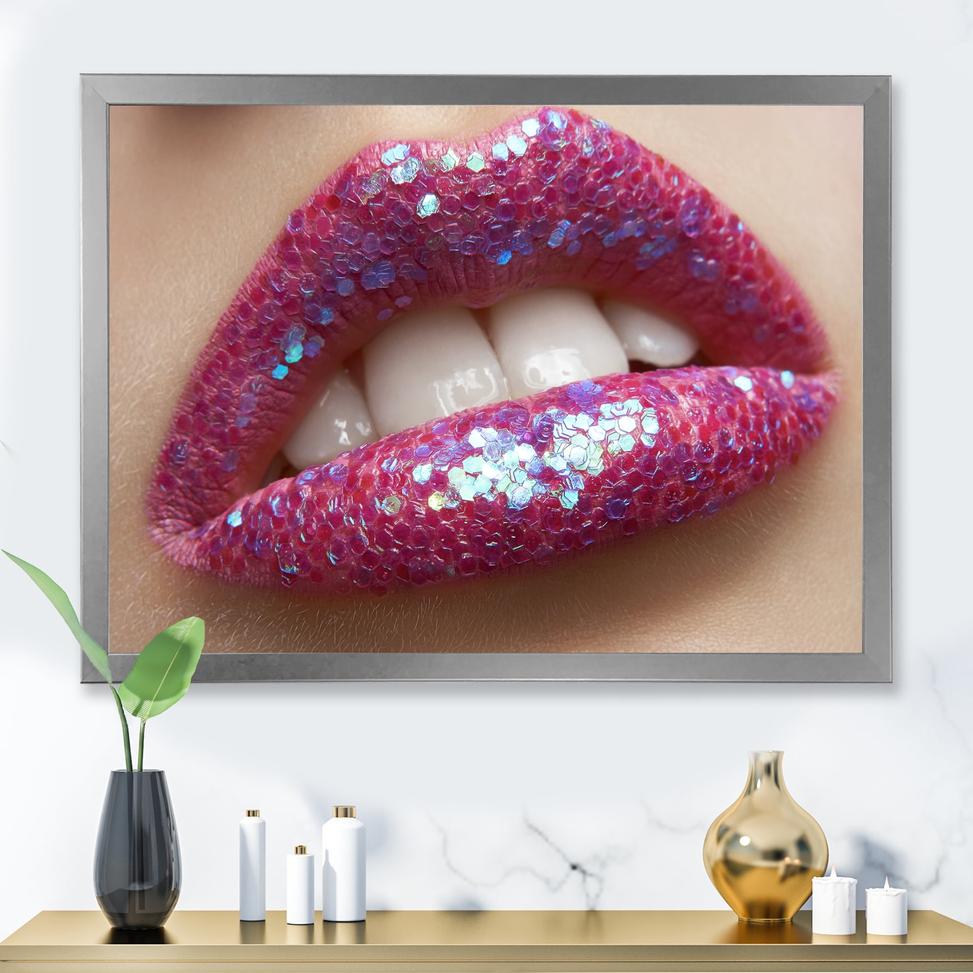 Designart 'Girl Lips Pink Lipstick and Sequins' Modern Framed Art Print