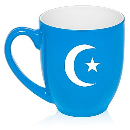 Islamic Glass - 16 oz Large Bistro Mug Ceramic Coffee Tea Glass Cup Islamic Moon And Star (Light Blue)