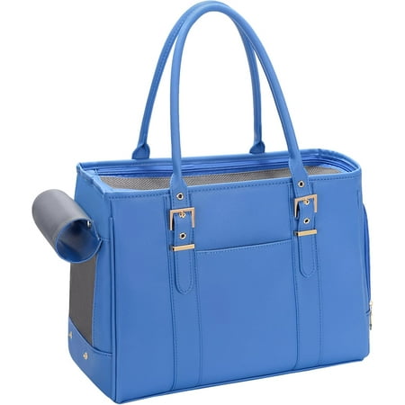 Fashion Pet Carrier Dog Purse Cat Bag Soft-Sided Carriers Travel Airline Approved  Stylish Leather Tote Handbag for Small Animal Puppy Kitten (Blue)