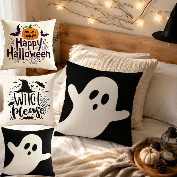 Halloween Throw Pillow Cover, Ghost Pumpkin Witch Print, Linen Cushion Case, 18x18 Set, Hidden Zipper, Spooky Decor for Sofa Couch by MPOISVA