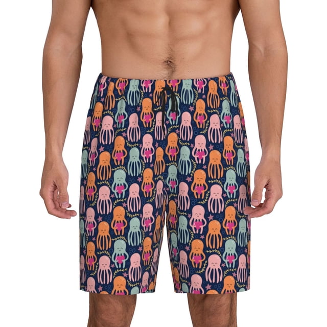 Balery Octopus in love Pantalones cortos de pijama de punto de algodón para hombre con cinturilla y bolsillos-Small