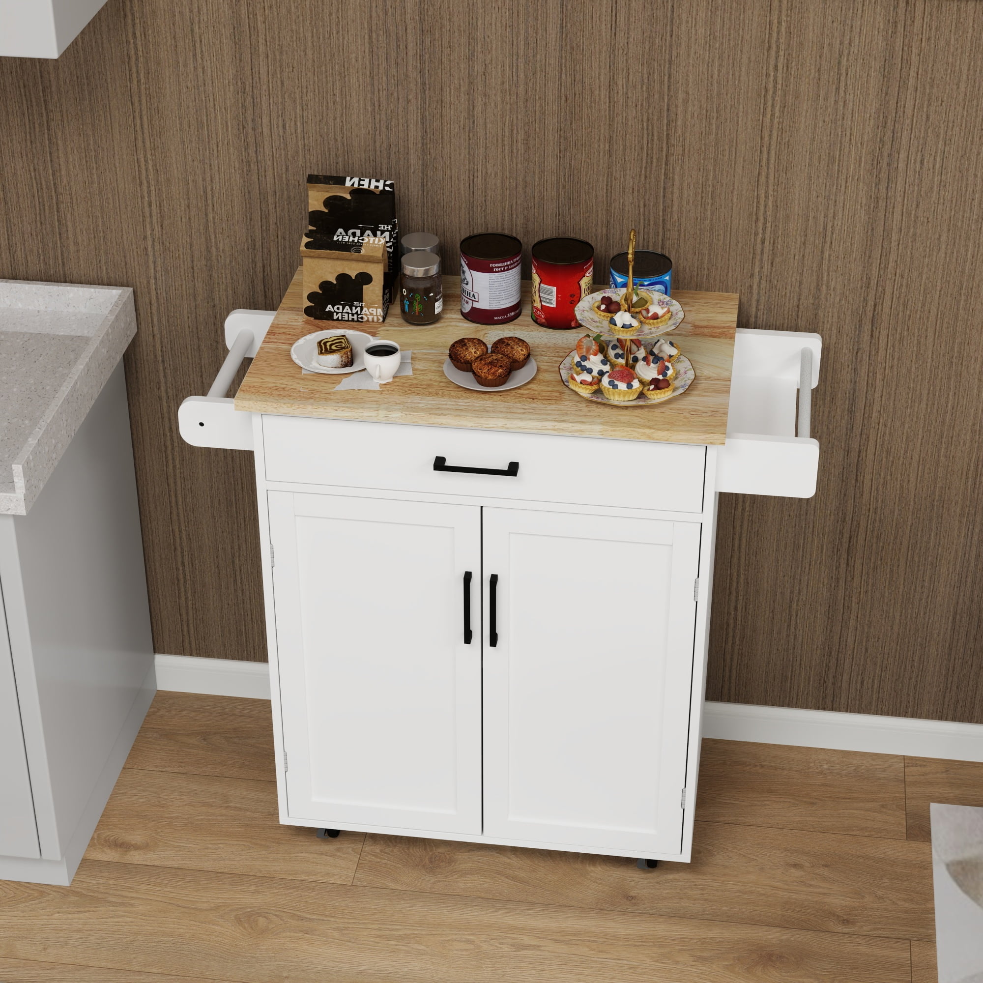 Jopath Sland Table,Kitchen Island Cart With Storage, Rolling Side Table, Large Worktop, Cabinet, Towel Rack, Drawers For Kitchen Dining Living Room Whit
