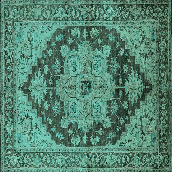 Ahgly Company Machine Washable Indoor Square Oriental Turquoise Blue Industrial Area Rugs, 3' Square