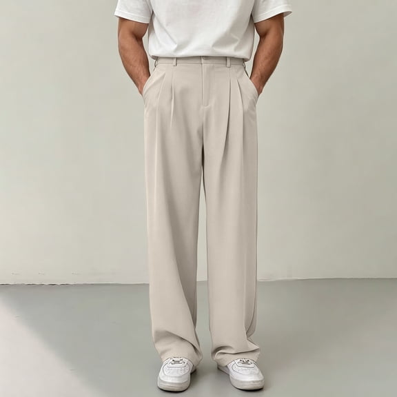 Xdegoge Mens Dress Pants Regular Fit Pleated Casual Business Office Wide Leg Pants Classic Straight Leg Solid Summer Comfy Versatile Suit Bottoms