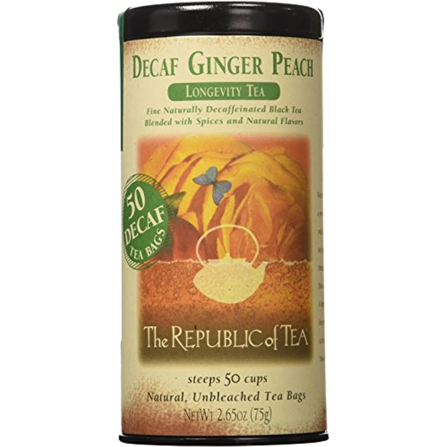 The Republic Of Tea Decaf Ginger Peach Black Tea, Tin Of 50 Tea Bags
