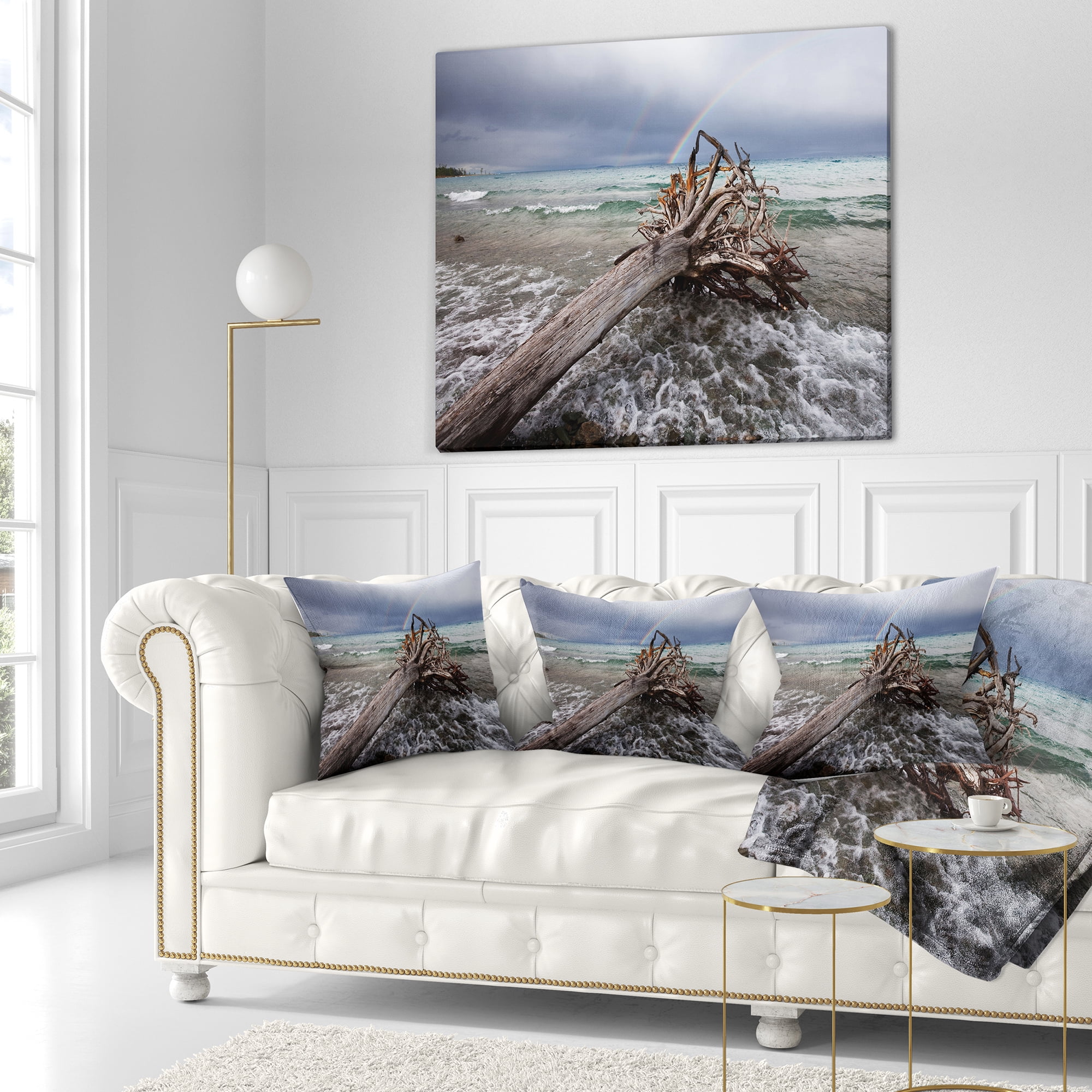 Designart Fallen Tree in Storm At Seashore - Seascape Throw Pillow - 18x18