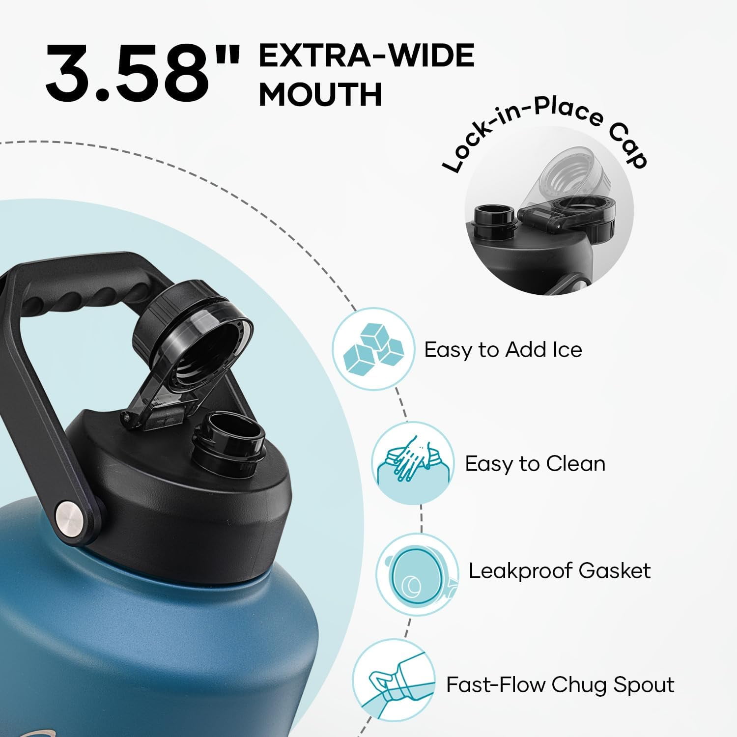BUZIO 128oz One Gallon Insulated Large Stainless Steel Big Wide Mouth Water Jug Flask Water Bottle with Carrying Sleeve,Gradient Indigo Crush