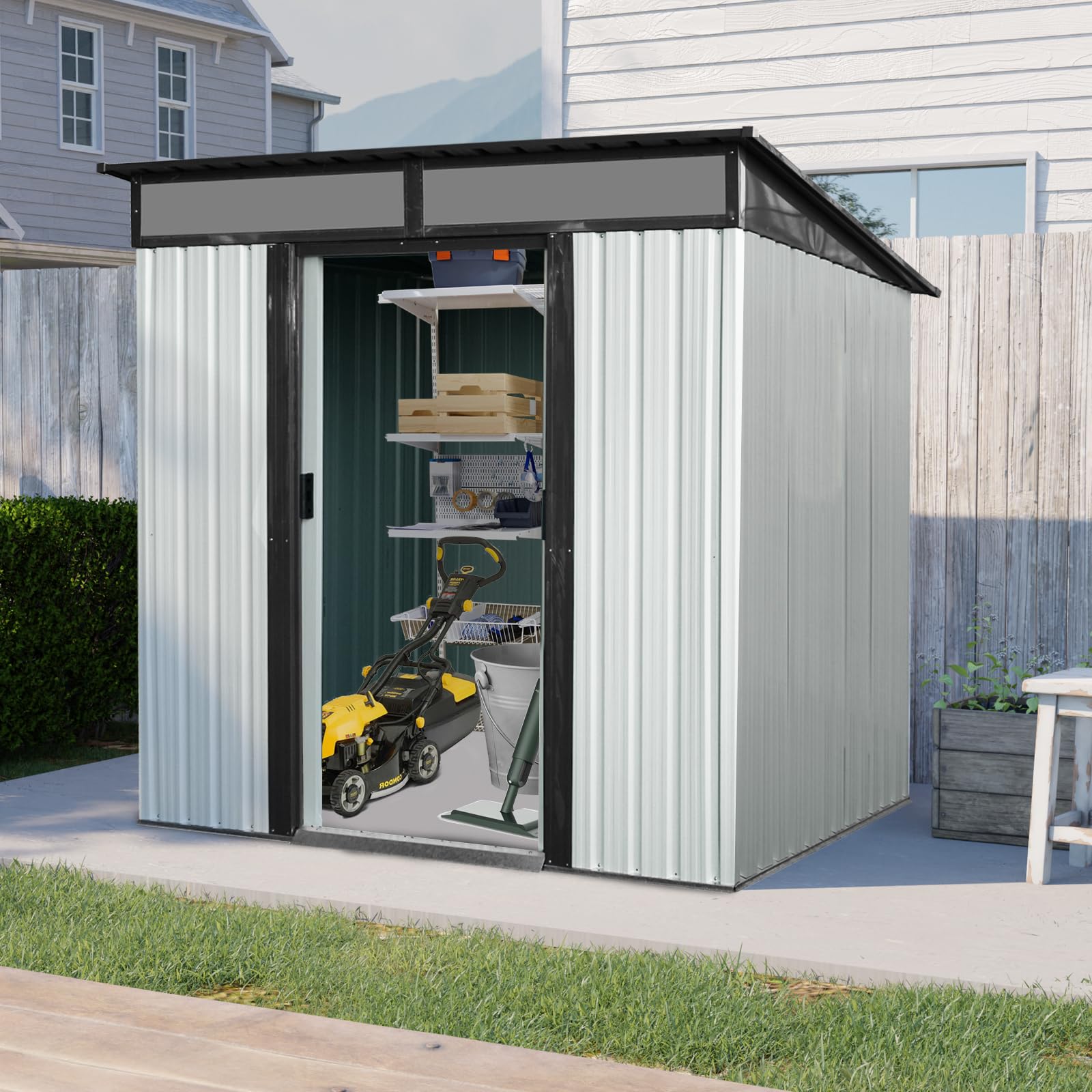 5' x 6' Outdoor Storage Shed, HOYOA Galvanized Metal Storage Shed with Lockable Door for Garden Backyard Patio Lawn, Weather Resistant and Waterproof, White and Black