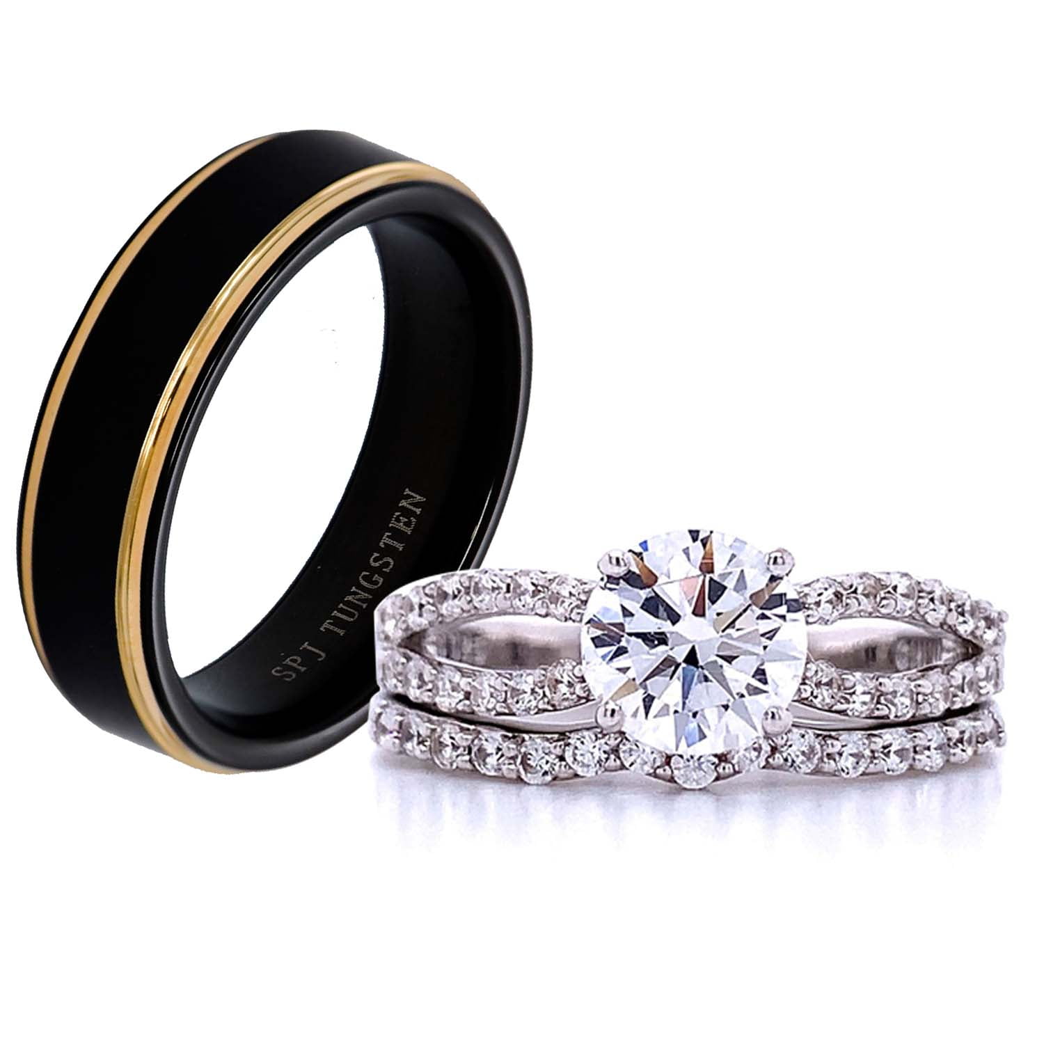 FlameReflection Black Stainless Steel Marquise Cubic Zirconia Wedding Ring Set Women Size 5-11 SPJ 