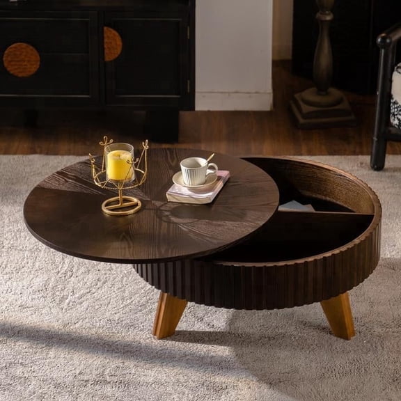 FFZ 31.5 inch Retro Round Coffee Table with Storage Space and Solid Wood Legs, Brown
