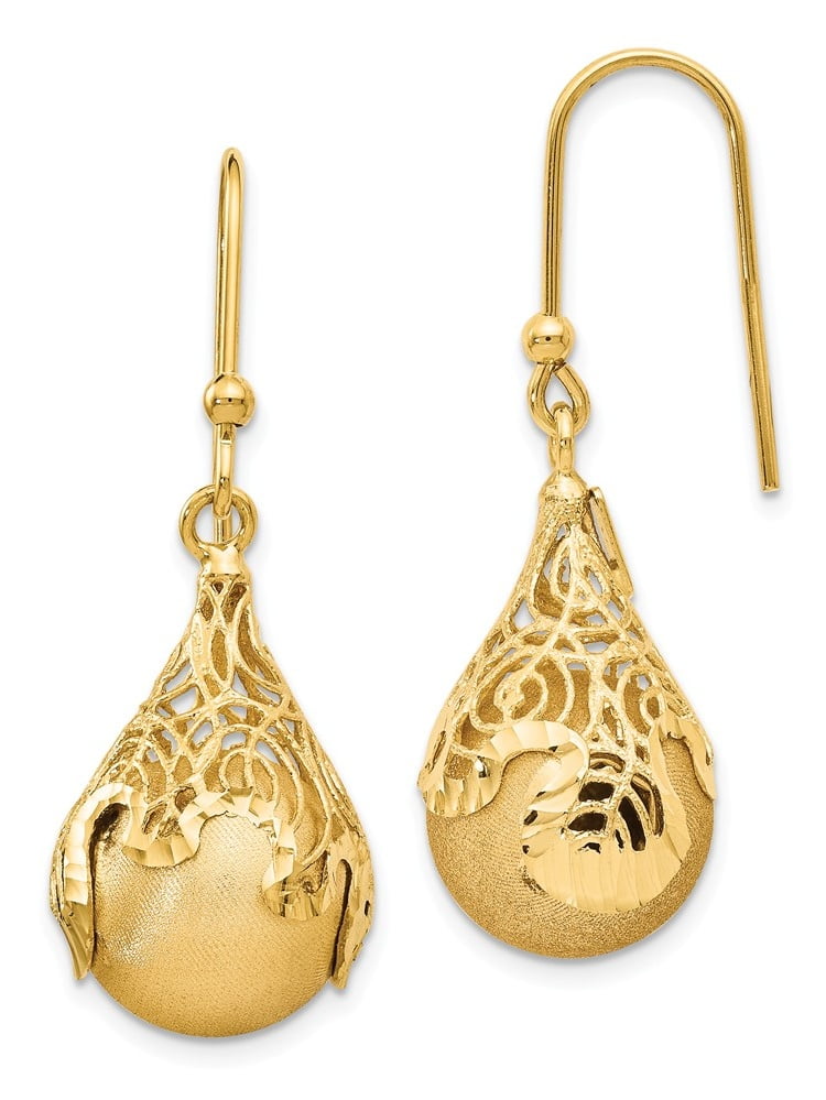 Solid 14k Yellow Gold Polished and Satin Diamond-CutTeardrop Shepherd Hook Earrings (14mm x 39mm)