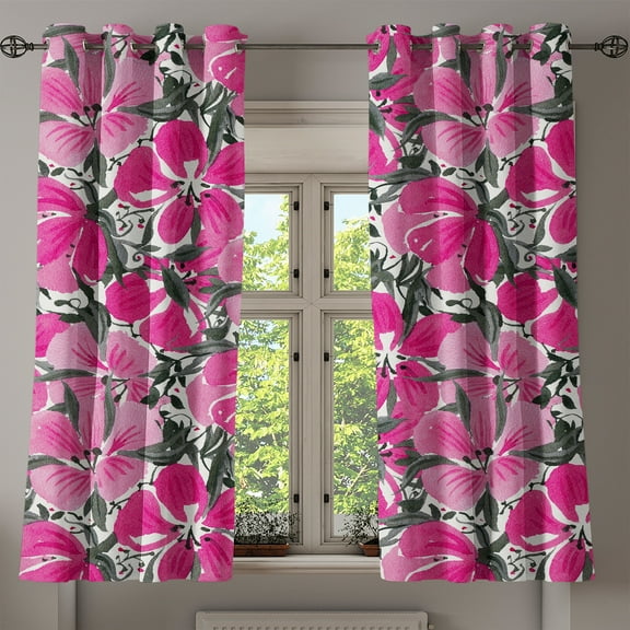 Ambesonne Floral Design Grommet Curtain, Springtime Hibiscus, 50"x60", Pastel Pink Hot Pink
