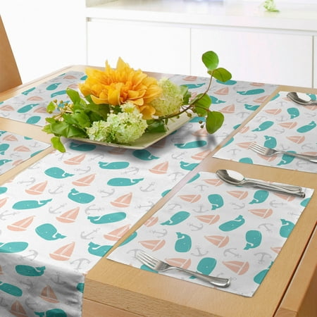 

Nautical Table Runner & Placemats Marine Themed Repetitive Sailboats Anchors and Happy Whales Set for Dining Table Decor Placemat 4 pcs + Runner 14 x90 Turquoise Peach by Ambesonne