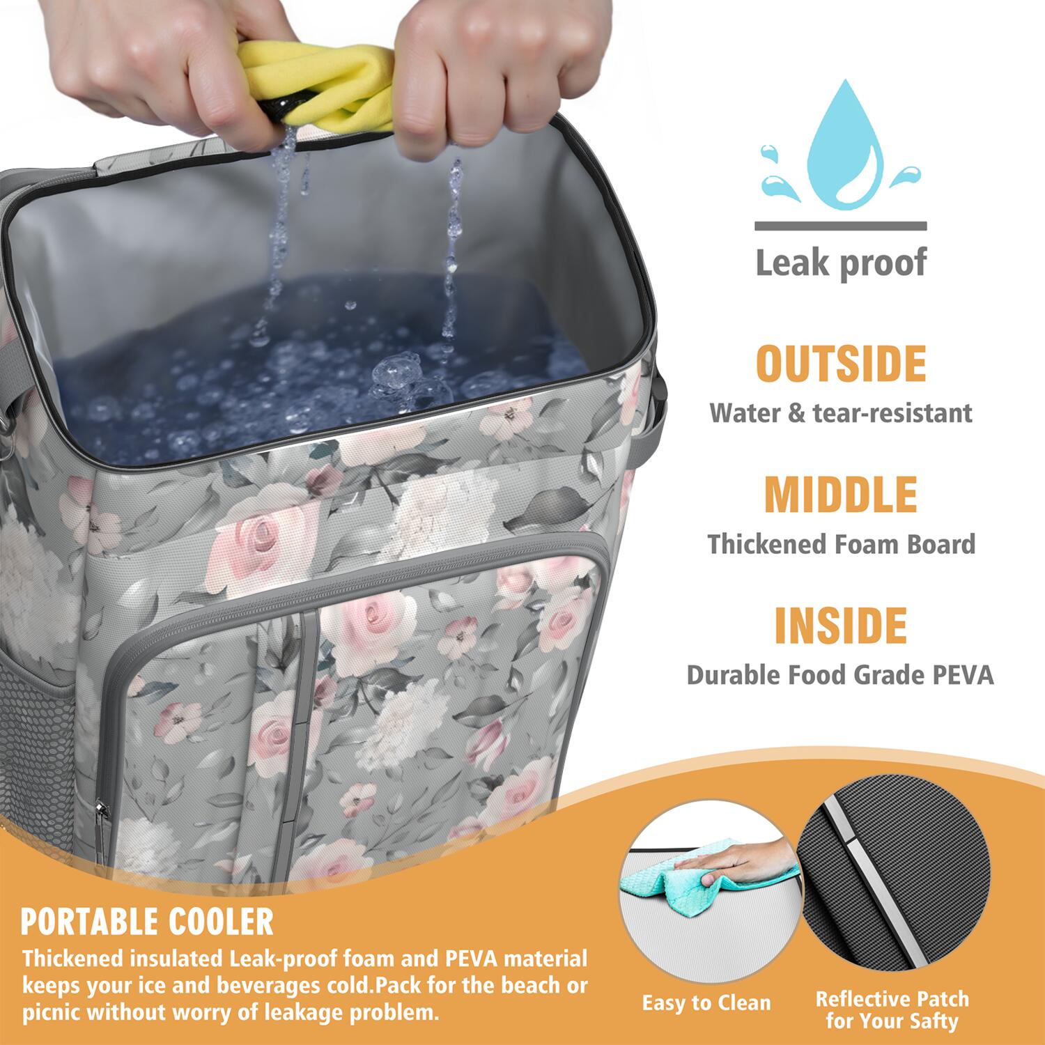 Travel Cooler Bag - Pioneer Flower Floral Print Pattern Camping Beer Cooler Backpack with Bottle Opener- Waterproof Insulated Picnic Backpacks - Cooler Bag for Beach