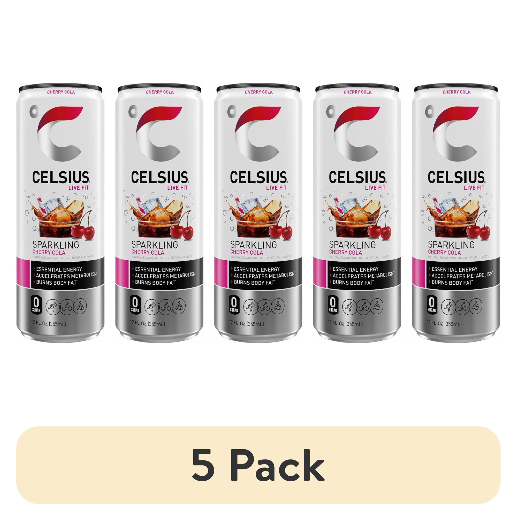 (5 pack) CELSIUS Sparkling Cherry Cola, Functional Energy Drink 12 fl oz Single Can