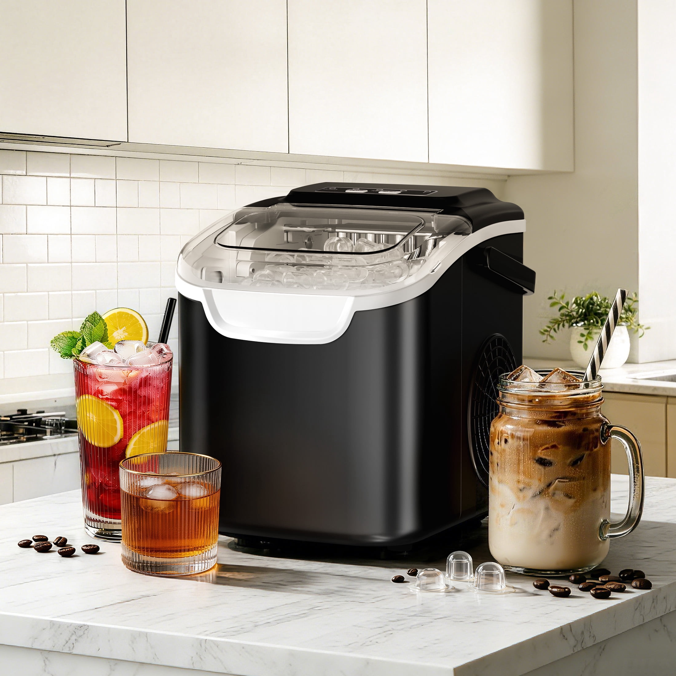 Auseo Countertop Ice Maker, 2 Sizes of Bullet Ice, 26Lbs/24H, 8 Ice Cubes in 6 Mins, Portable Ice Machine with Self-Cleaning for Home/Party/Travel/Camping (Black)