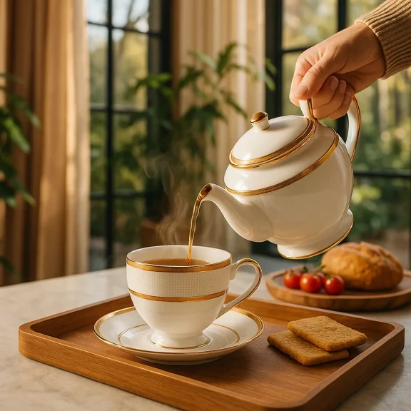 Aarvum Golden Oasis Fine Porcelain with Gold Accents Saucer Set 12 Pcs