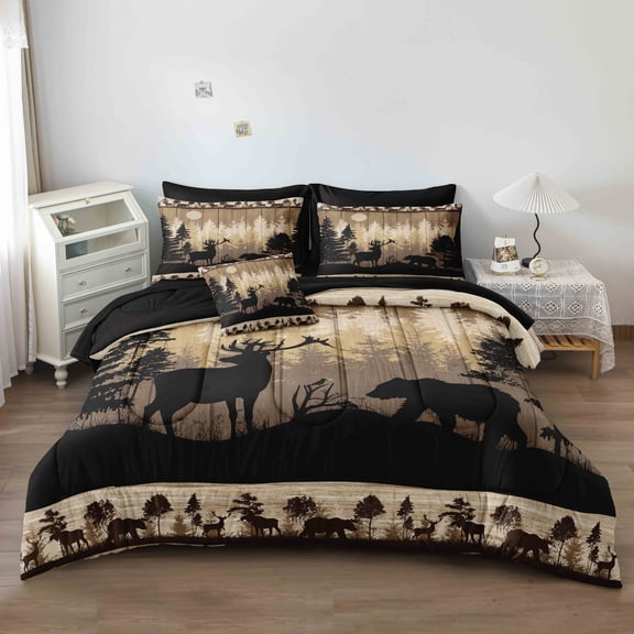 Hunting Comforter Set Queen Size,8 Pcs Cabin Rustic Bear and Deer Comforter Print Bedding Set for Teens,Wildlife Room Decor Bedding Set Soft Fluffy Cozy Bed in a Bag Set for All Seasons