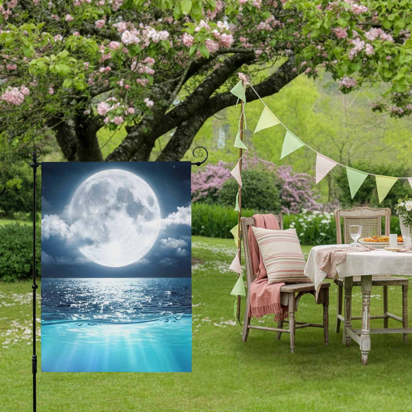Natural Scenery House Flag 28 x 40 Inches, Full Moon Cloud Night Sky Sea Moonlight Weather Proof Outdoor Patio Flags Double Sided Small House Decoration for Yard Lawn Outside Home