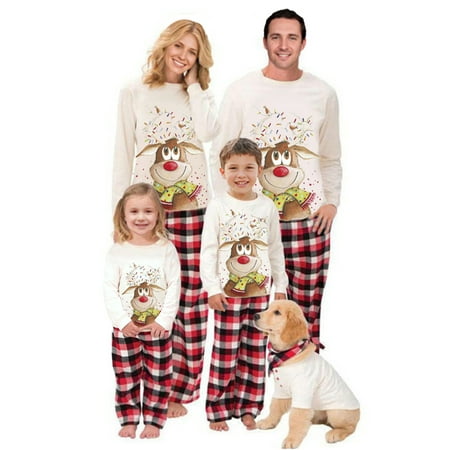 

Christmas Parent-child Outfit Leisure Wear Cartoon Elk Plaid Printing Long Sleeve Round Collar Sleepwear for Mom/Dad/Kid/Baby