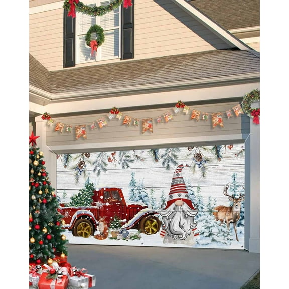 Garage Door Banner Cover 7 x 16 ft, Christmas Red Gnome Truck Xmas Tree Robin Gifts Wood Grain Christmas Garage Door Decorations Holiday Christmas Backdrop Decor for Winter New Year Xmas Party