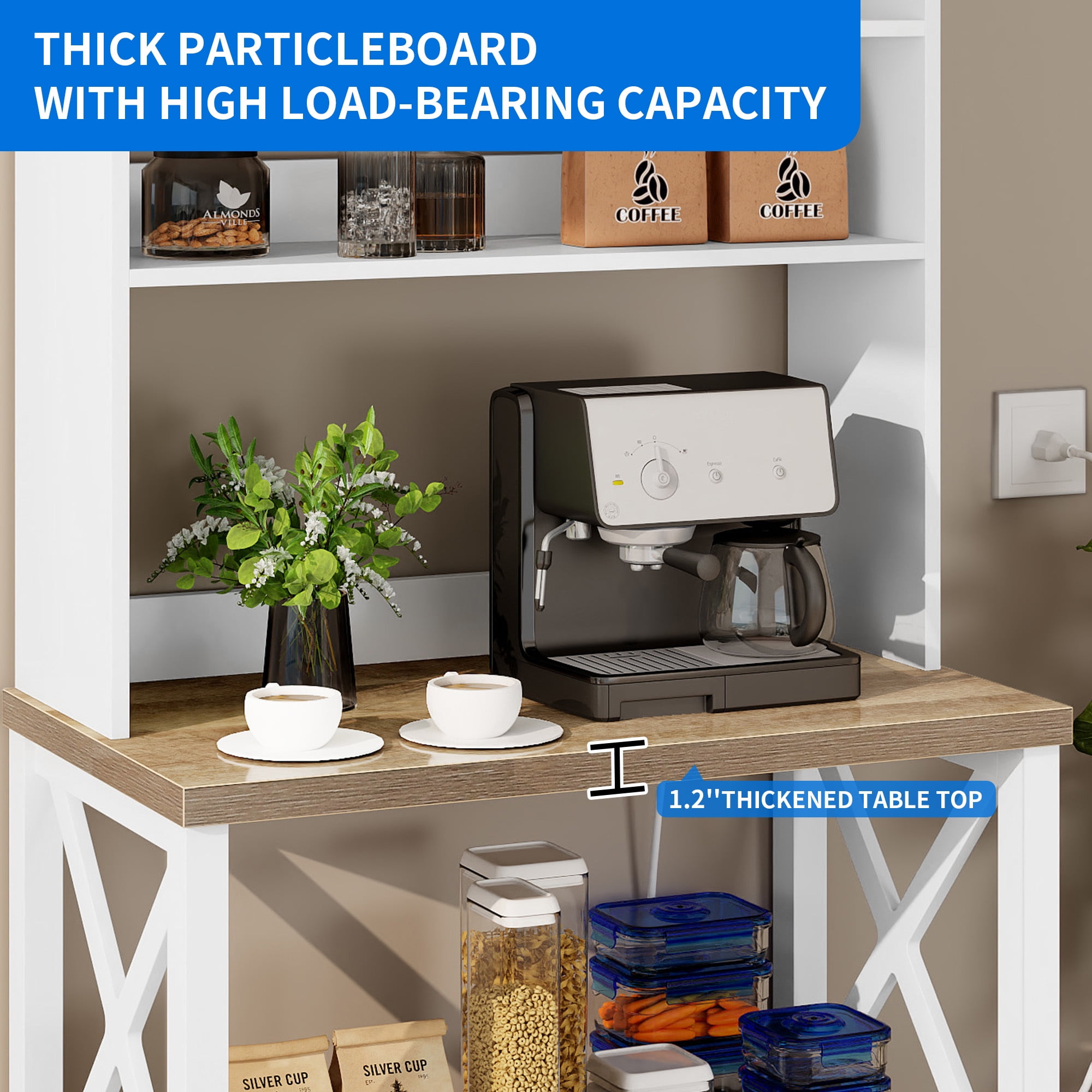 DEXTRUS 5-Tier Kitchen Bakers Rack with Storage Cabinet, 39" Microwave Stand with Power Outlet,White