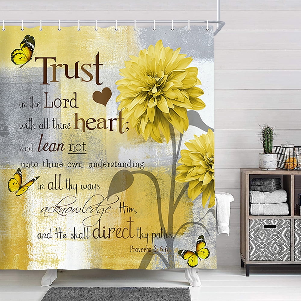Yellow and Grey Floral Shower Curtain, Rustic Farmhouse Watercolor Dahlia Flower Bathroom Curtains, Modern Minimalist Bible Verse Inspirational Quote Fabric Bathroom Accessories with Hooks, 72X72in