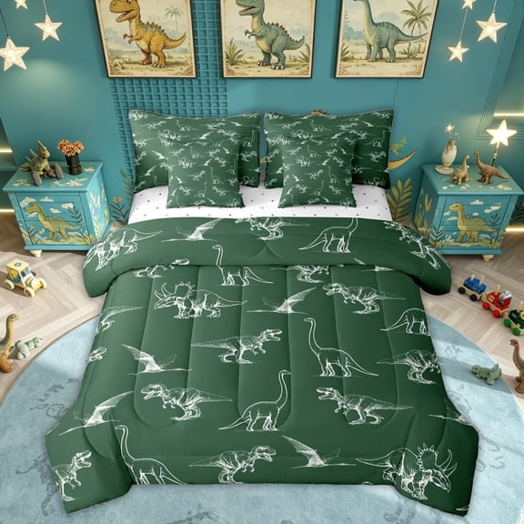 Feelyou Deep Green Dinosaur Twin Bedding Sets for Boys Men, Retro Line Wildlife Art Bedding Comforter Set, Green, Reversible, 7-Piece