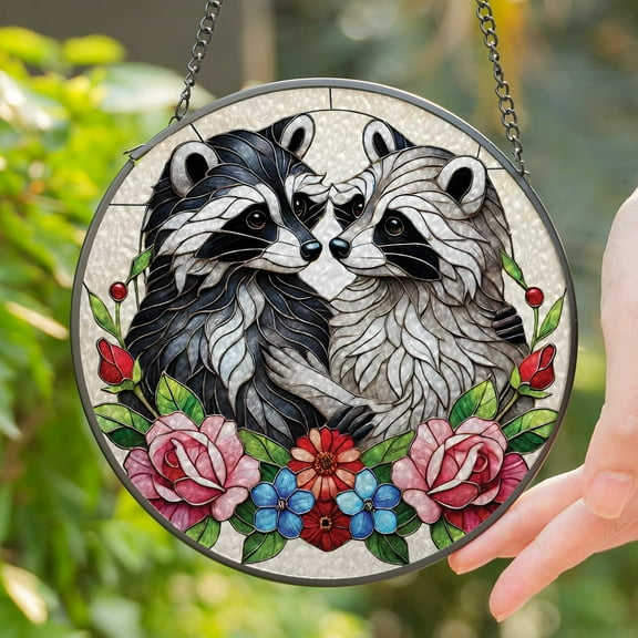Lotusprinthandmade Cute Racoon Couple Stained Glass Suncatcher for Window Hanging Cir4in, Romantic Animal Decor Gift