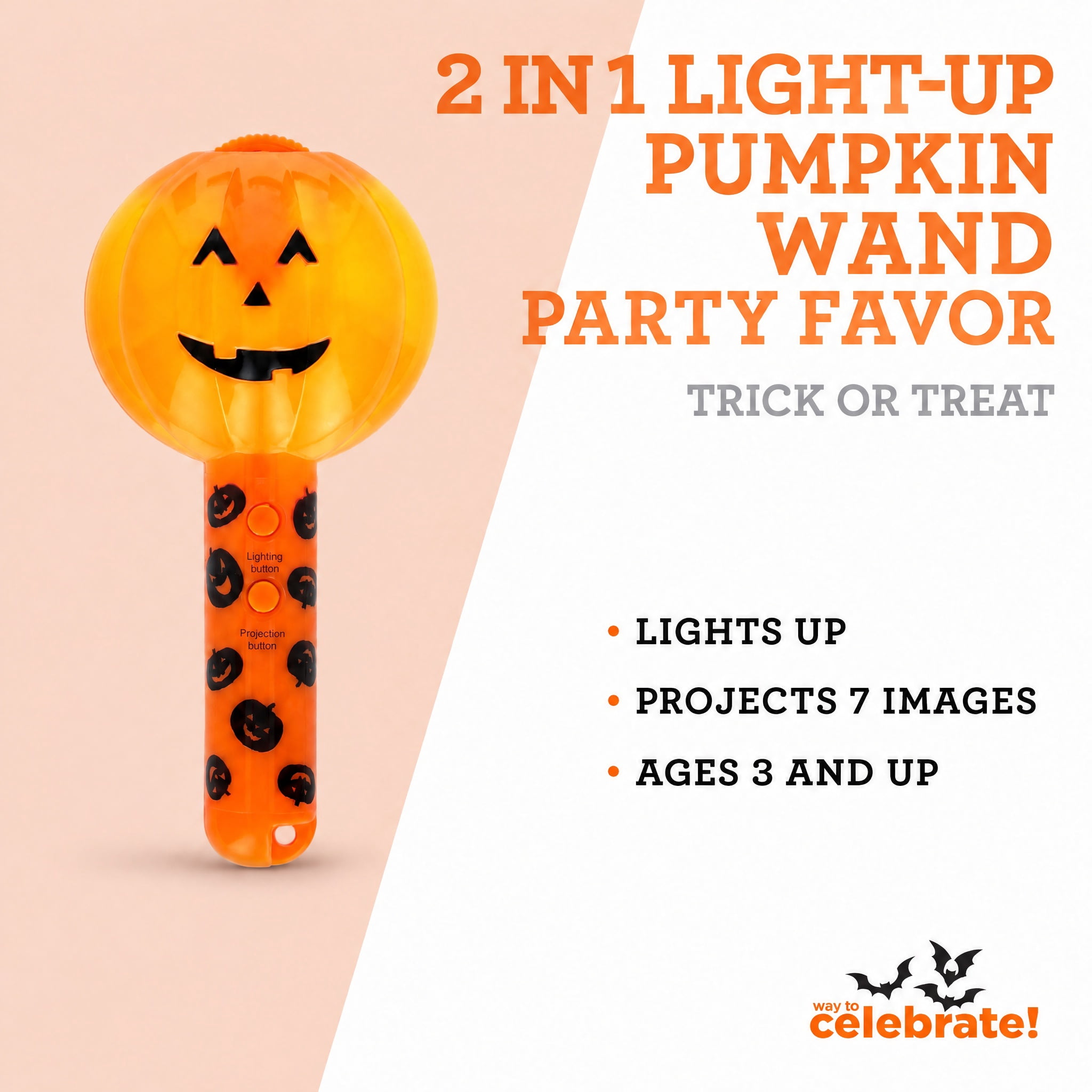 2-in-1 Light-Up Pumpkin Wand Party Favor, Orange and Black, Halloween by Way To Celebrate