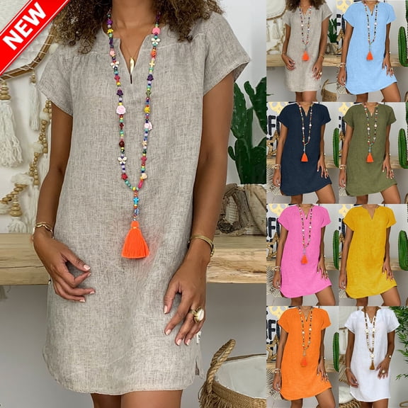YABCSAZ Women's Cotton Linen Dress Casual Solid Color Short Sleeve V Neck Midi Dress Knee-Length Summer Plus Size Beach Dress for Women