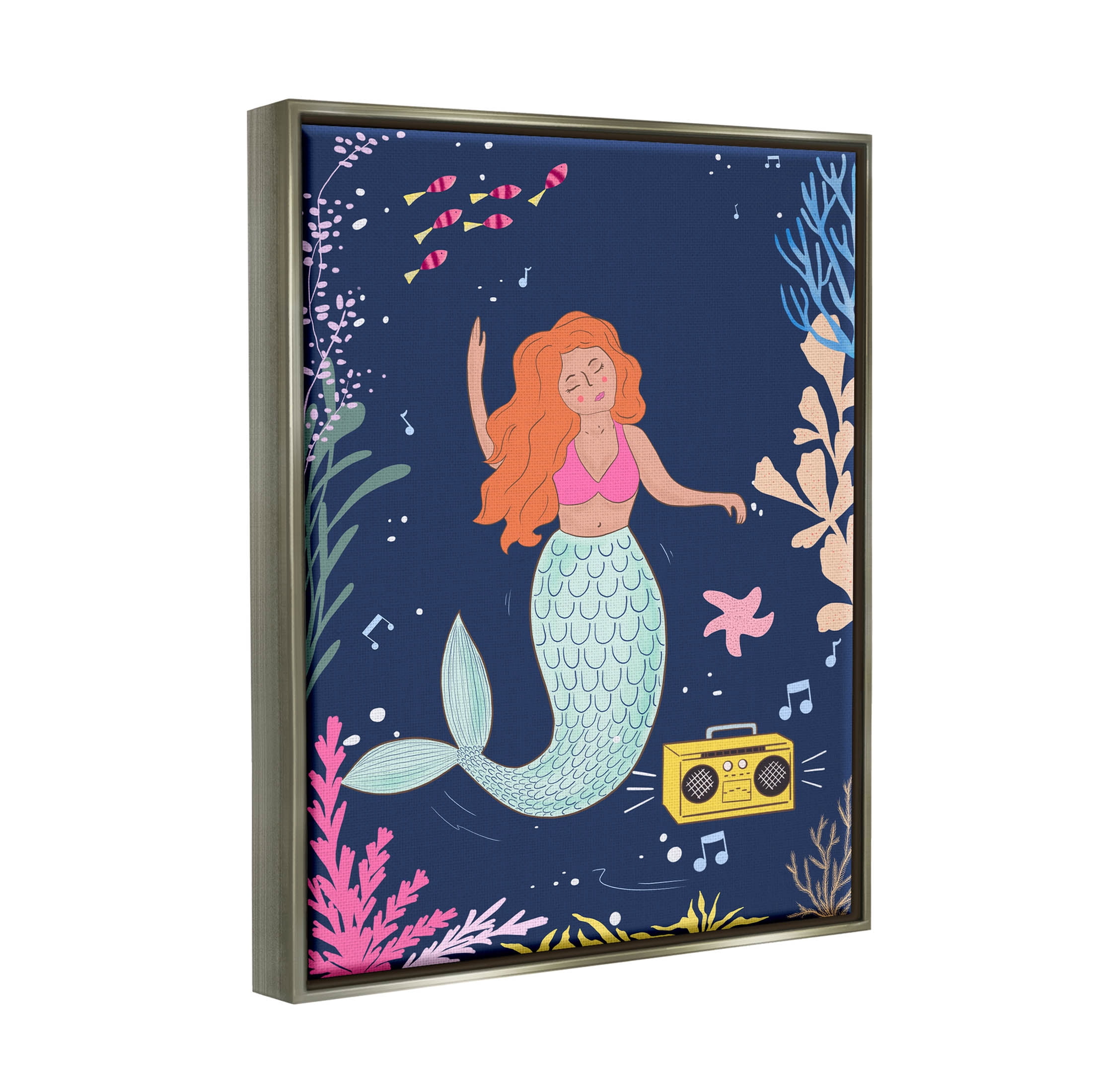 Stupell Industries Happy Mermaid Dancing Boombox Graphic Art Luster Gray Floating Framed Canvas Print Wall Art, Design by Nikita Jariwala