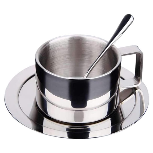 Yuarrent Taza de café de acero inoxidable, platillo, cuchara, juego de tazas de café de doble pared Juegos de servir café y té Yuarrent HA033223-00