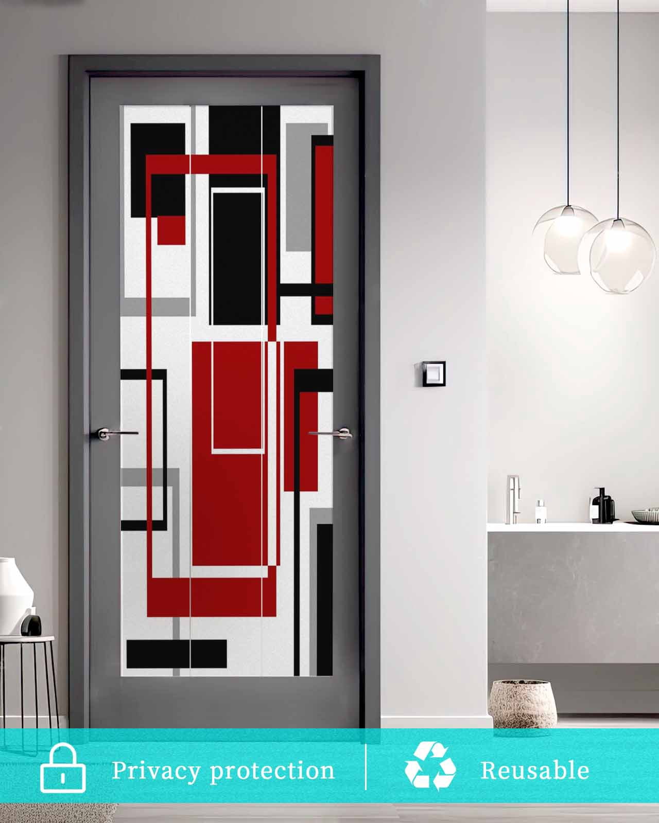 Window Privacy Film Red Black Geometric Stained Glass Window Film Decorative Sun Block Window Cover Contemporary Gray Abstract Stripes Window Clings Static Adhesive Sticker for Bathroom 23.6"x59"